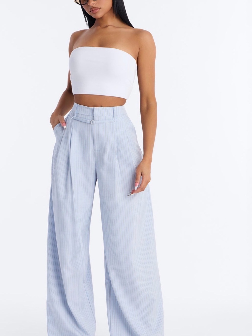 Fashion Nova Light Blue Pinstripe Wide-Leg Pants